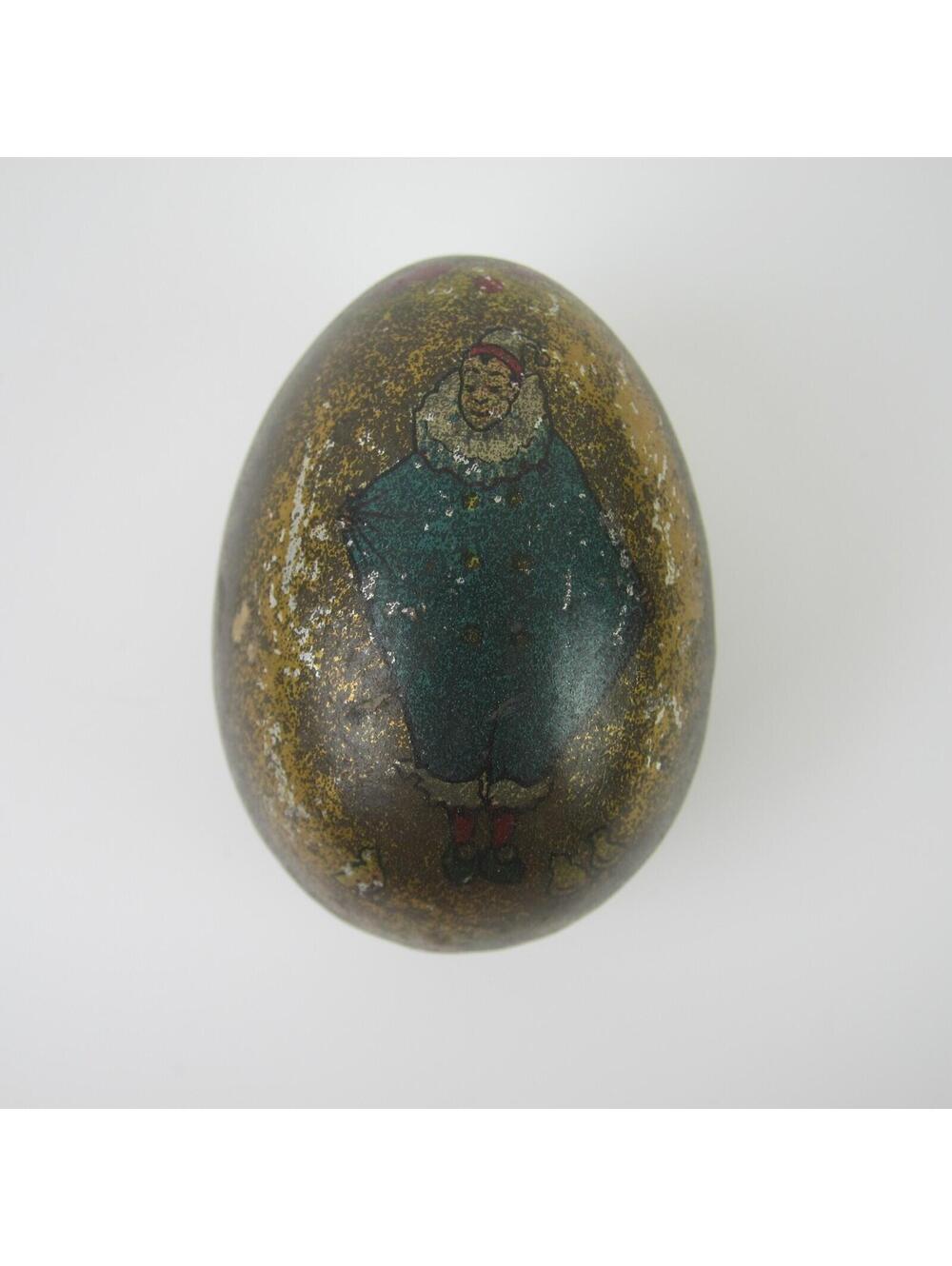 Antique Tin Litho Easter Egg Candy Container Clown Blue Suit Yellow Chicks Gold